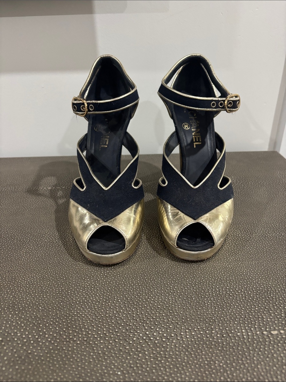 CHANEL Black and Gold Peep-Toe Platform Heels with Ankle Strap